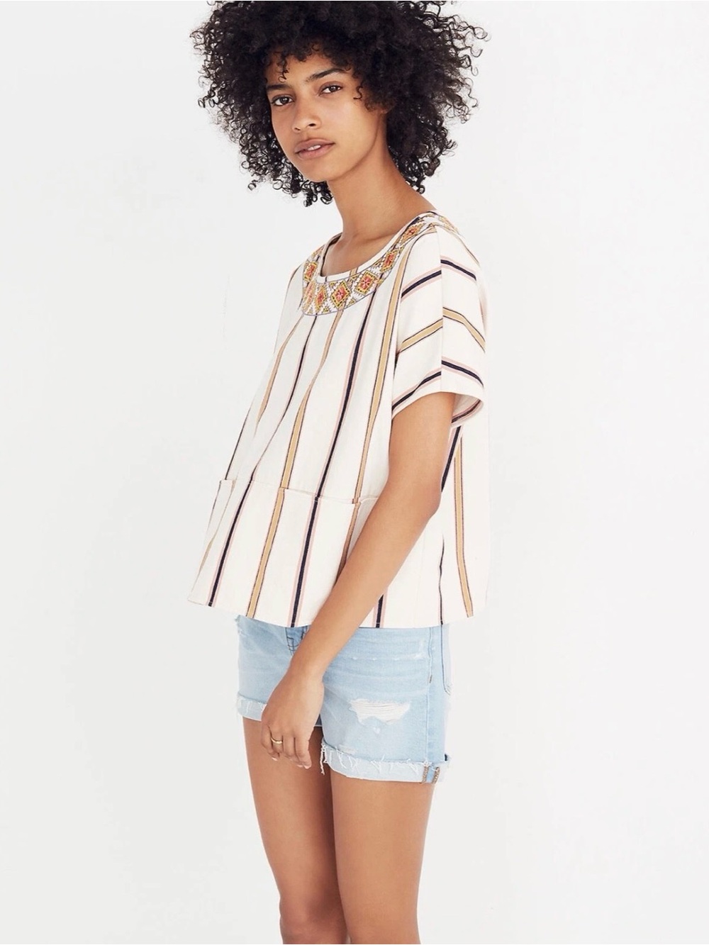 Madewell Embroidered Boxy Oversized Top in Rocco Stripe Women's Size XS